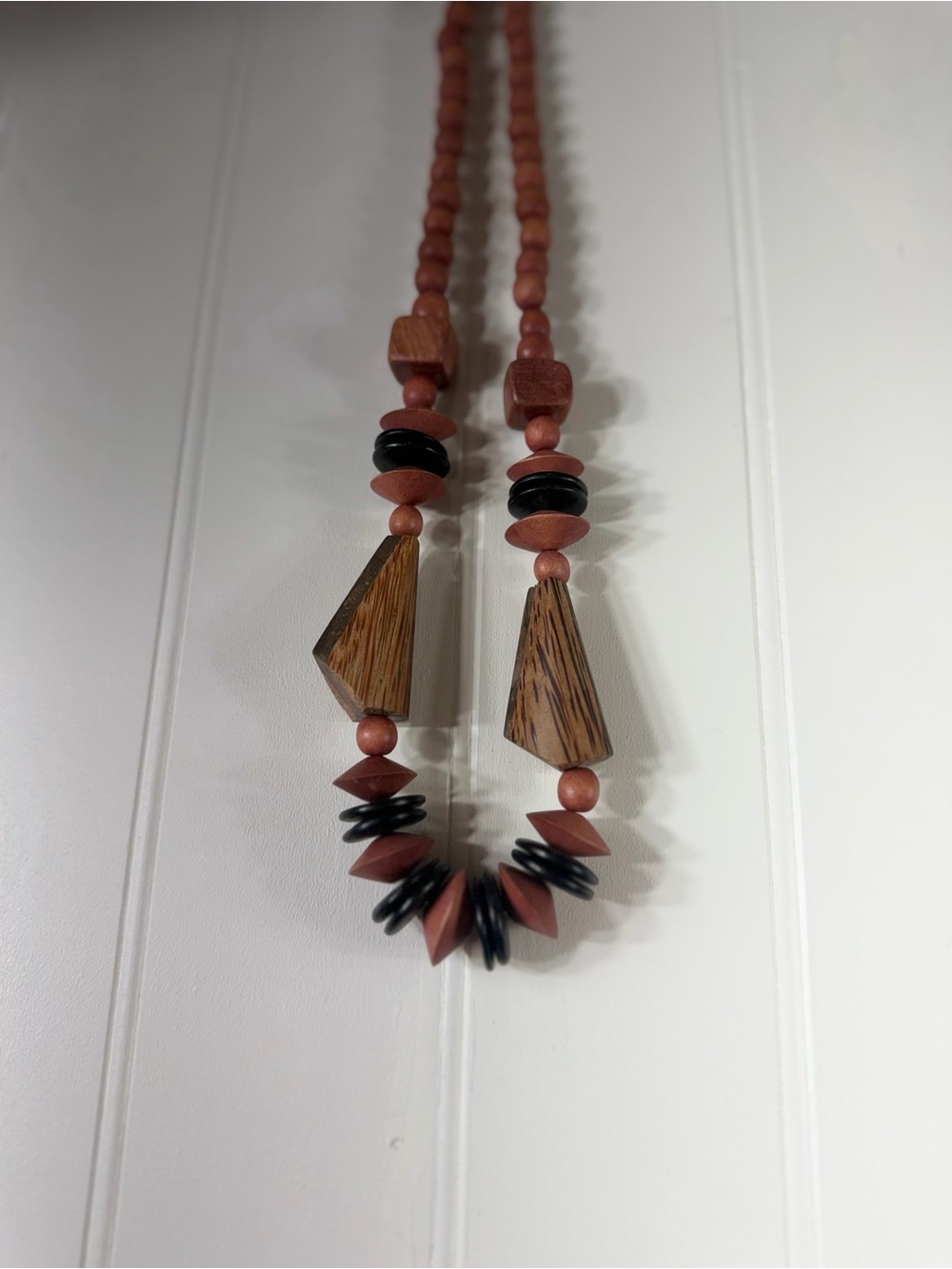 Vintage Wooden Geometric Bead Necklace – 24.5” Boho Statement Necklace - Picture 2 of 5